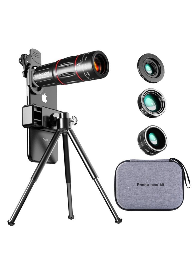 SYOSI Upgraded Phone Camera Lens Kit, 28X Telephoto, 0.6X Wide Angle, 20X Macro, 198° Fisheye, Compatible with Most Smartphones - Image 1